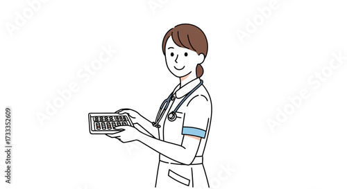 Cheerful Nurse in Uniform Holding Pill Dispenser Tray, Ideal for Medical Education, Pharmaceutical Advertising and Healthcare Awareness Campaigns.