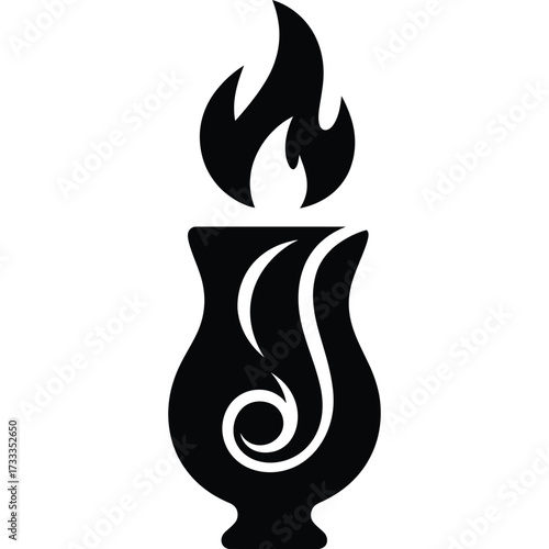 A stylized black and white image depicting a vase with a flame emanating from the top of the vase art silhouette
