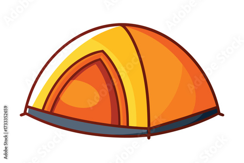 Cartoon Orange and Yellow Dome Camping Tent with Brown Outline Isolated on White