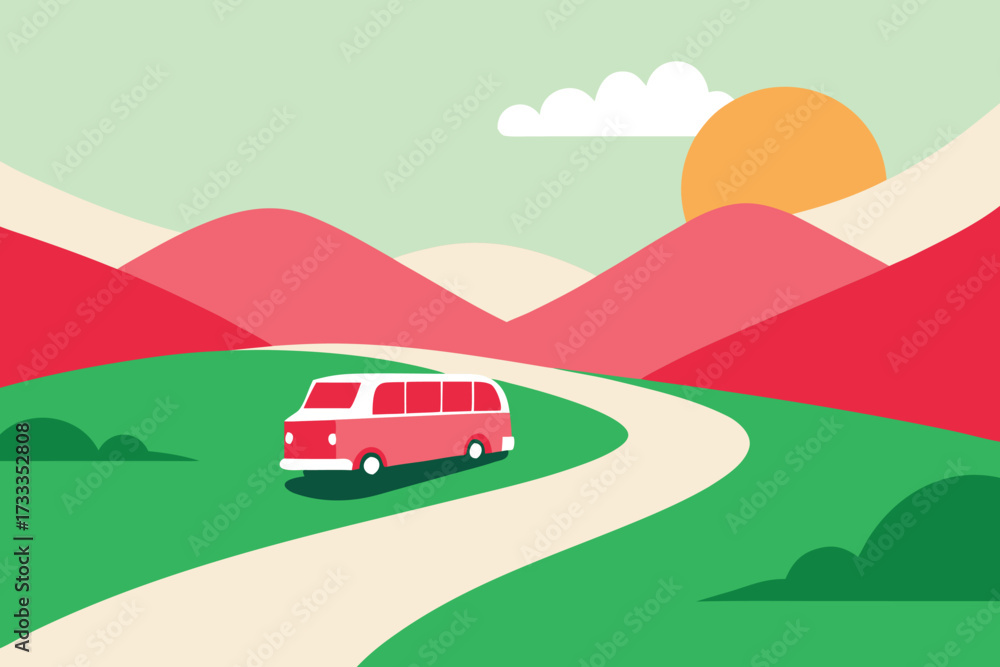 Fototapeta premium Cartoon Red and White Bus on a Winding Road Through a Colorful Landscape
