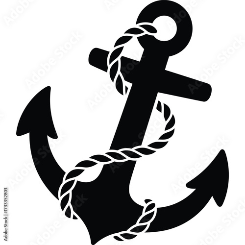A black anchor with a white rope wrapped around it on a white background in a simple graphic style silhouette