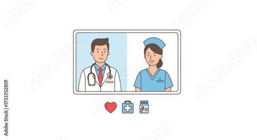 Telemedicine Consultation with Doctor and Nurse on Digital Screen for Healthcare and Medical Services Promotion, Disease Prevention, and Online Health Information.