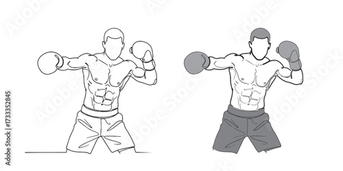 Minimal line art and silhouette illustration of a boxer fighter wearing gloves and shorts, showing a fighting stance with muscular body, representing boxing, combat sports, strength, and competition.