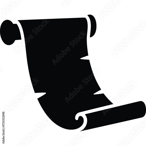 A black silhouette of a scroll with curled edges and wooden handles on a white background image art