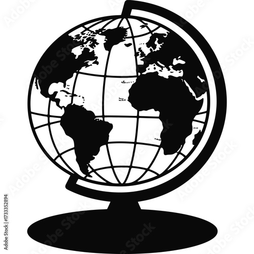 A black and white globe showing continents like africa and south america on a stand in a simple design silhouette