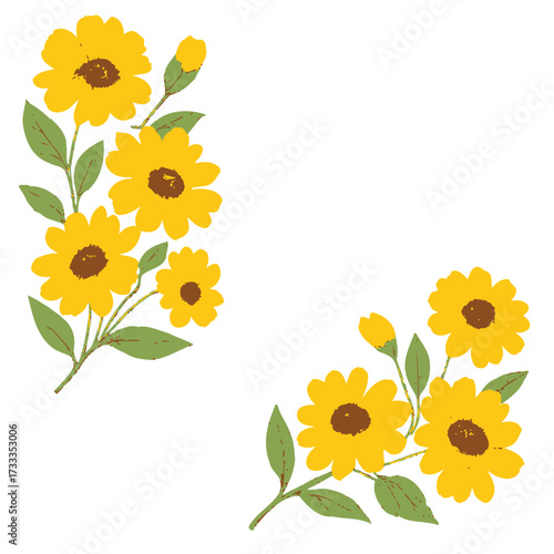 Yellow sunflower corner accents with green leaves and brown centers Keywords: sunflower, floral, border, corner