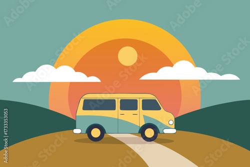 Cartoon Van on Hill with Sun, Clouds and Blue Sky Retro Illustration