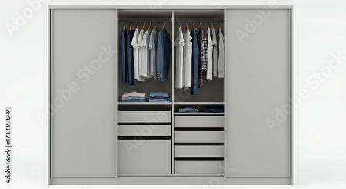 Modern wardrobe with clothes storage neutral colors white background