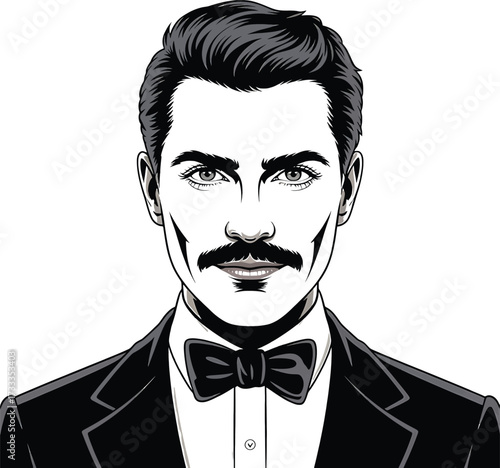 Stylized portrait of a man with mustache wearing a tuxedo bow tie