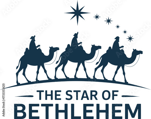 Three Wise Men silhouettes riding camels under a star of Bethlehem on white background Keywords: three wise men, nativity, christmas, jesus, birth