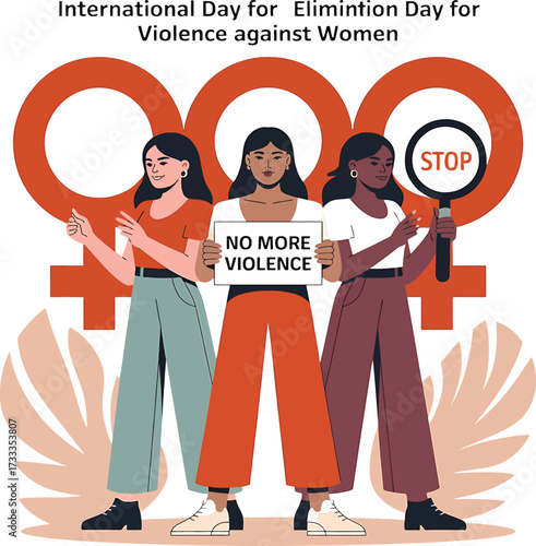Three women holding signs against violence with female symbols Keywords: international day for elimination of violence against women, stop violence, no