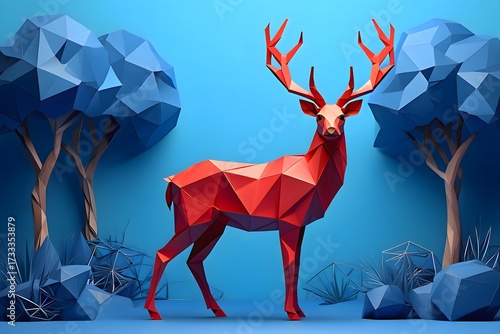 A low poly red deer standing between two blue low poly trees on a blue background landscape art