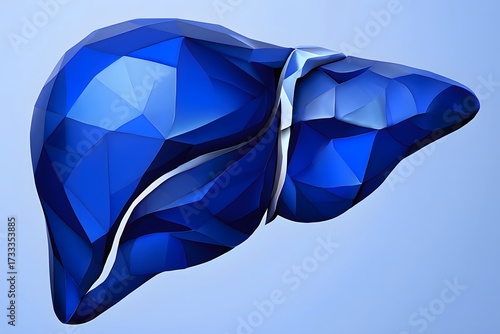 A low poly rendering of a human liver in shades of blue against a light blue gradient background
