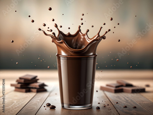 Dynamic chocolate splash in a glass with droplets and chocolate bars on wooden surface