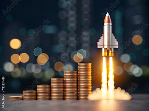 Rocket launching from stacked coins symbolizing financial growth and business success