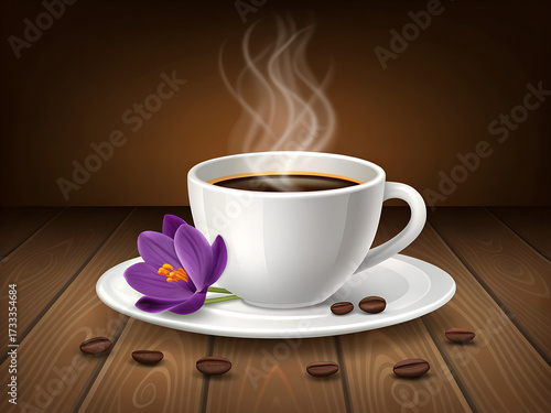 Steaming cup of dark coffee with purple flower and coffee beans on wooden table