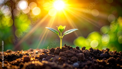 A tender sprout bursts forth, illuminated by a radiant sun, symbolizing growth and renewal amidst fertile earth