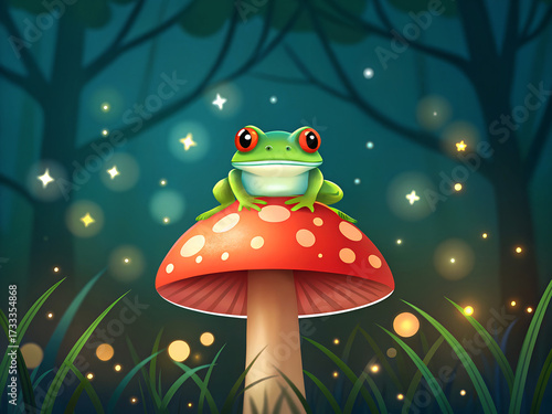 Cute cartoon frog sitting on a red mushroom with white spots in a magical forest at night