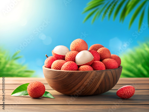 Fresh ripe lychees overflowing in a wooden bowl on a tropical beach with palm leaves