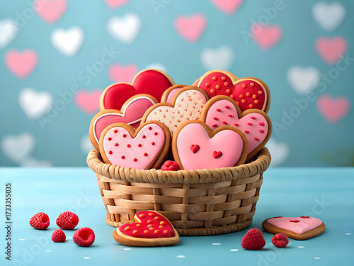 Heart shaped cookies and raspberries in a basket for valentine s day celebration