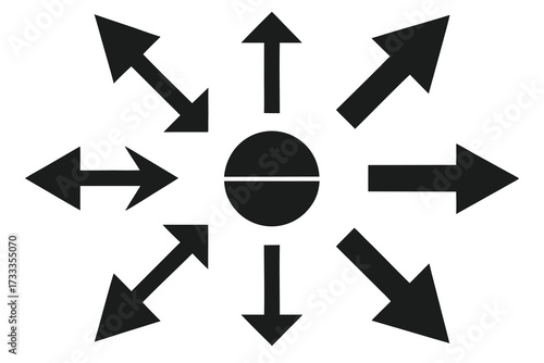Eight Black Arrows Radiating Outwards from a Central Circle with Horizontal Bar