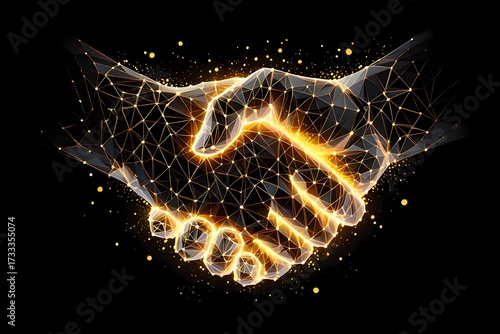 Digital handshake with glowing polygonal mesh and particles on a black background design art