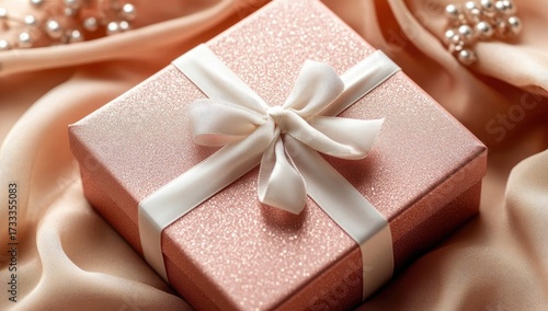 Pink gift box with white bow on silky, shimmering fabric