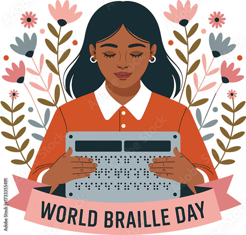 World Braille Day illustration of woman reading Braille with flowers Keywords: World Braille Day, Braille, reading, blind, visually impaired