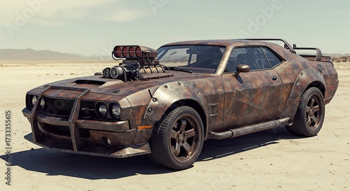Modified classic muscle car in desert landscape automotive design
