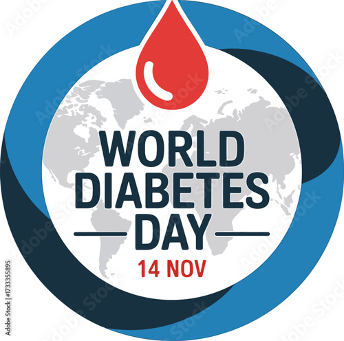 World Diabetes Day circular graphic with map and blood drop health medical