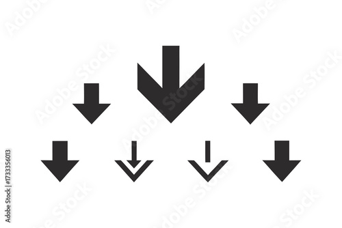Hierarchical Group of Black Downward Arrows with Varying Styles on White Background