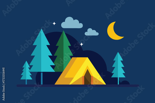 Illustration Night Camping with Tent, Trees, Clouds, Crescent Moon, and Stars