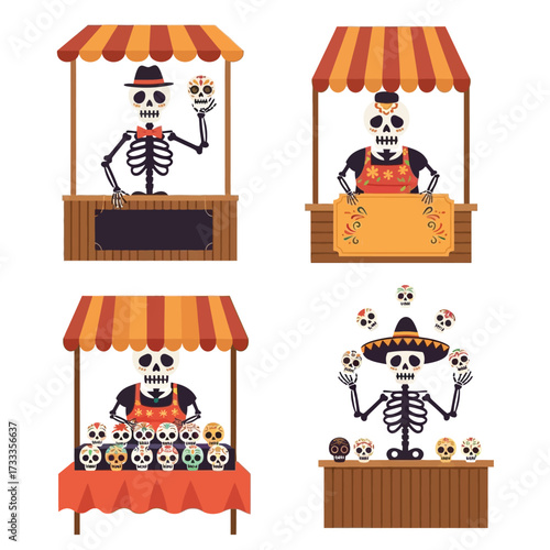 Four illustrations of skeletal figures in market stalls, selling decorated skulls.