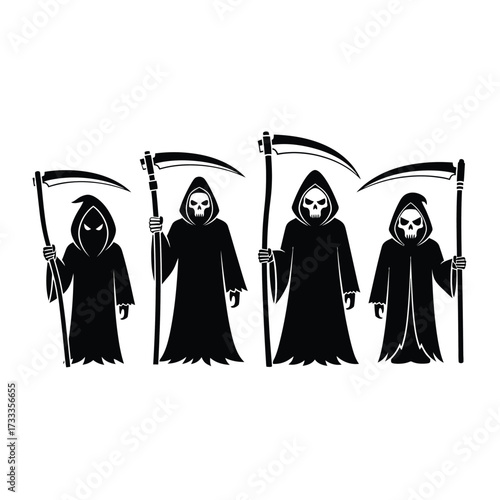 Four grim reaper figures in black robes and hoods, holding scythes, depicted in a vector illustration.