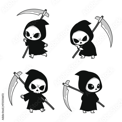 Four cartoon Grim Reapers in various poses, each holding a scythe, against a white background.