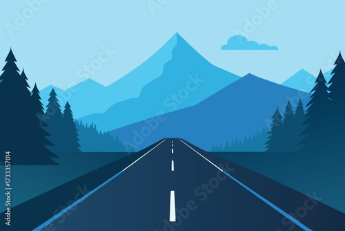 Minimalist Landscape Road Leading to Mountains with Trees and Sky Illustration in Blues