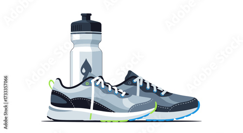 Gym Essentials Illustration Showcasing Sportswear and Hydration for Active Lifestyles and Fitness Enthusiasts, Ideal for Health and Wellness Campaigns