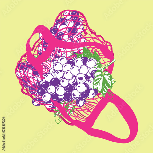 Purple Grapes in Pink Mesh Bag Illustration