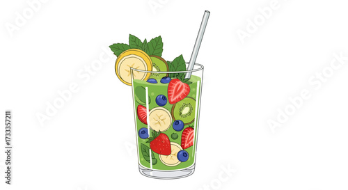 Refreshing green smoothie illustration with fresh fruits, ideal for promoting healthy eating, detox diets, or vibrant summer beverages.