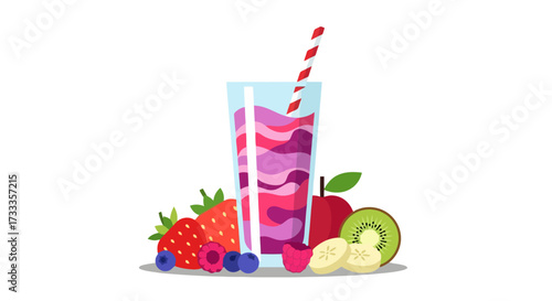 Vibrant Fruit Smoothie Illustration with Fresh Berries and Sliced Fruits for Health and Wellness Campaigns or Recipe Book Design Projects.