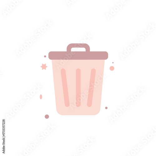 A pink trash can with a handle on top surrounded by decorative elements