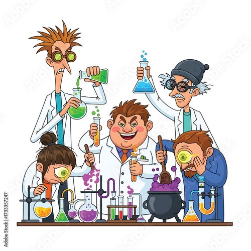 A cartoon illustration depicting a group of excited scientists conducting a science experiment.