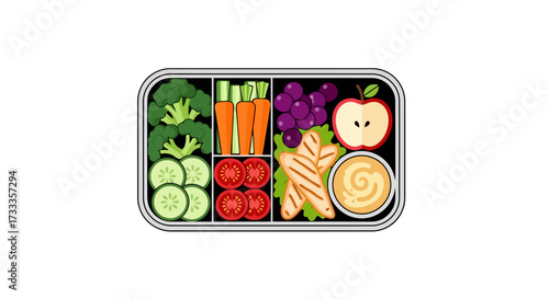 Balanced and Nutritious Lunchbox Meal Prep Design Featuring Fresh Vegetables, Protein, and Fruit for Healthy Eating and Diet Planning.