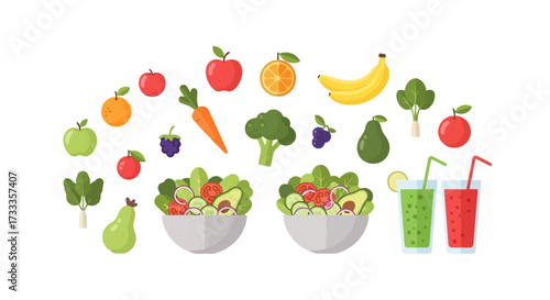 Vibrant and Colorful Fruits and Vegetables Arrangement for Promoting Healthy Eating Habits and Lifestyle, Perfect for Nutrition Education Materials