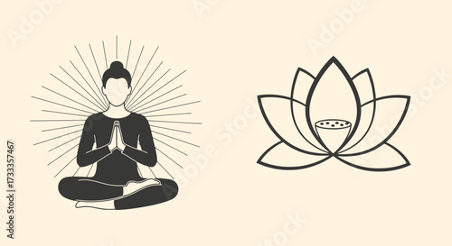 Serene Yoga Meditation and Lotus Flower Illustration for Wellness, Spiritual Practices, and Holistic Health Promotion in Mindful Living Designs
