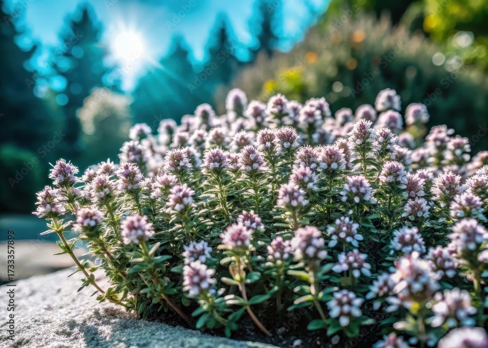 Obraz premium Thymus Serpyllum blooming in a lush green garden amidst trees and flowers