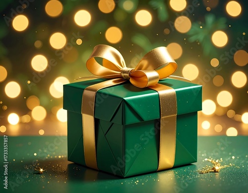 Green gift box with golden ribbon on a festive background