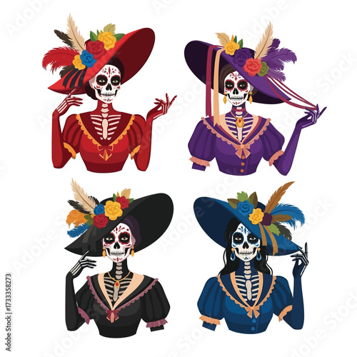 Four elegantly dressed skeletons in ornate hats, adorned with flowers and feathers, in a colorful, stylized illustration.