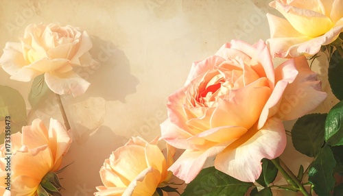 Softly lit floral arrangement with peachy-pink roses against an aged, parchment-like background