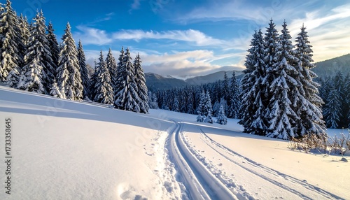 Snowy ski trail through frosted evergreens, with distant mountains and a bright blue sky